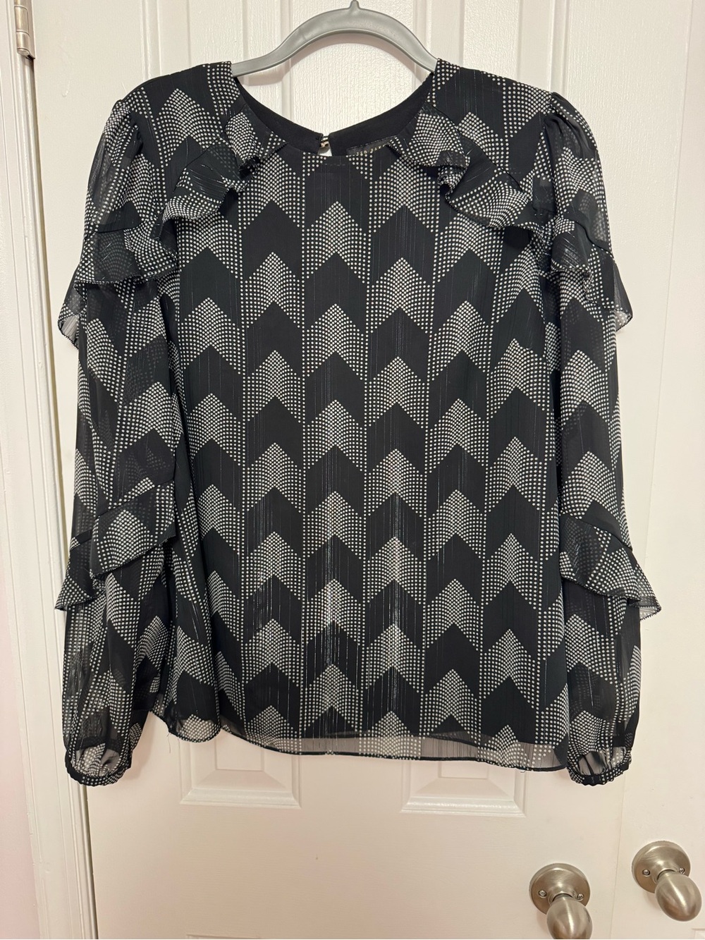 Ted Baker Black and White Chevron Dot Ruffle Sleeve Blouse